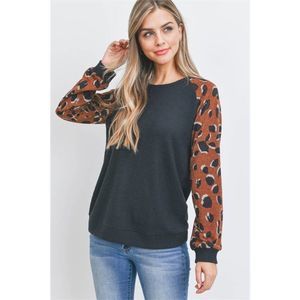 Black Brown Leopard Animal Print Waffle Knit Top
